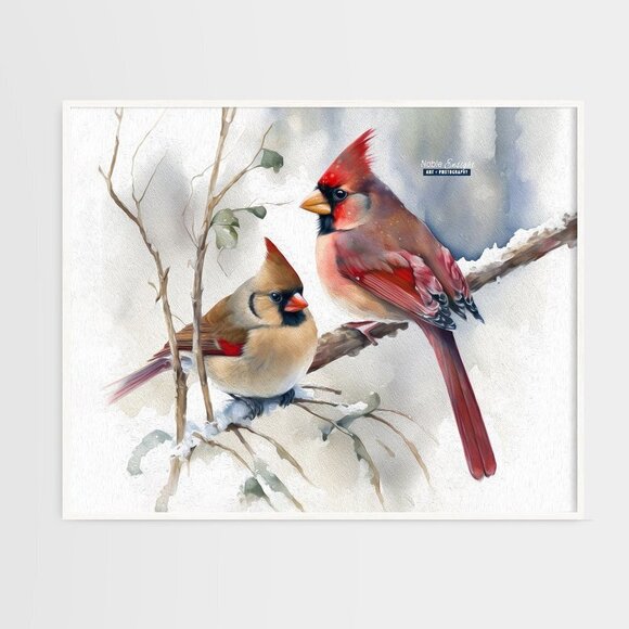 16x20 Northern Red Cardinal Love Birds Watercolor Oil Painting Poster‎ - Picture 6 of 6